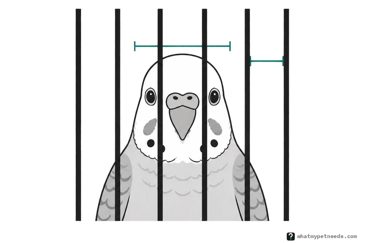 A budgie seen from the front, behind a row of evenly spaced cage bars. A long line spans its head from side to side, and a much shorter line marks the gap between two bars.