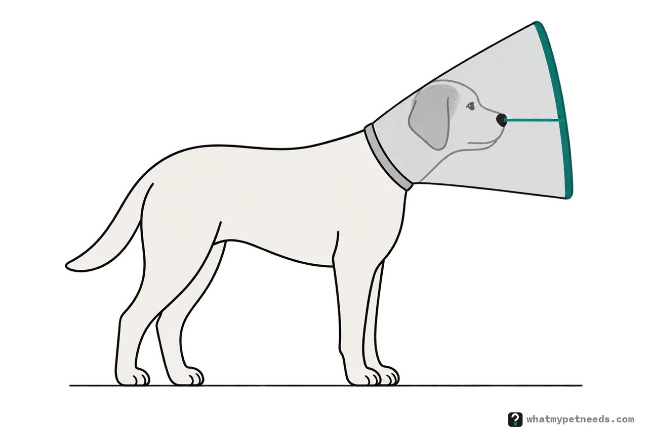 A dog standing in a clear cone collar fastened at the base of its neck. A short line inside the cone runs from the tip of the dog's nose to the cone's rim, which reaches past it.
