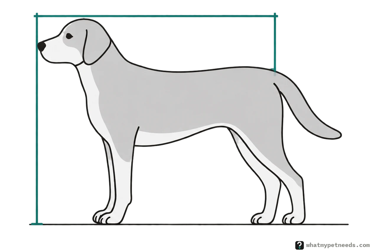 A dog standing relaxed with its head up. A line runs above it from the tip of its nose to where the tail joins the body, and another from the top of its head straight down to the floor.