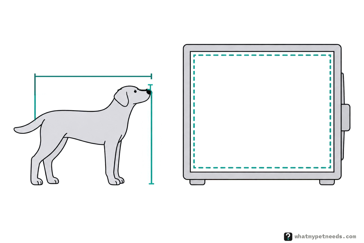 A dog standing beside a plastic crate. One line runs from the dog's nose to the base of its tail and another from the floor to the top of its head; a dashed rectangle inside the crate marks its inside space.