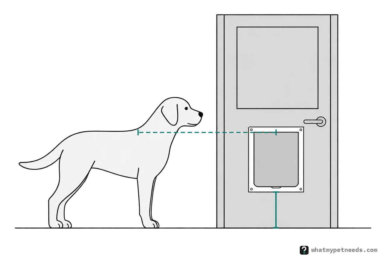 A dog standing beside a door with a pet door fitted low in it. A line runs level from the top of the dog's shoulder to the top of the flap, and a short line marks the height from the floor to the bottom of the pet door.
