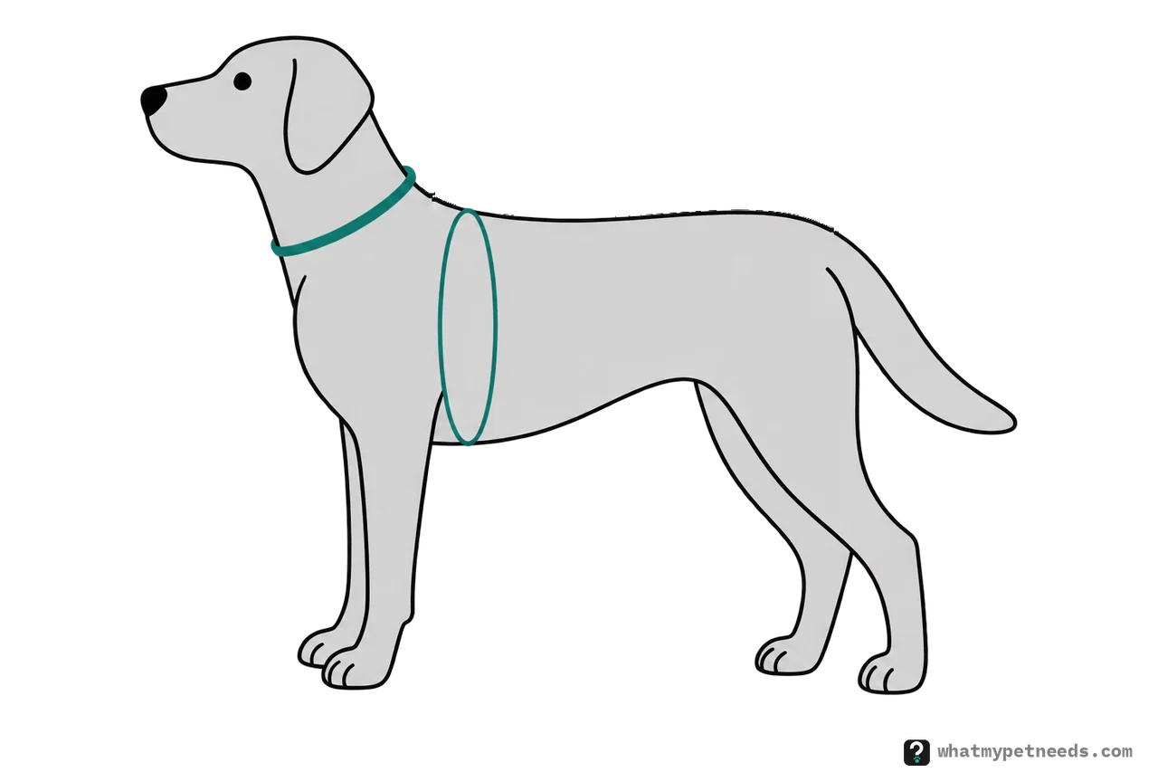 A dog standing side-on with two measuring marks: a ring around the base of the neck and a ring around the chest just behind the front legs.