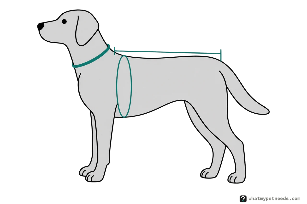 A dog standing side-on with three measuring marks: a line along the back from the base of the neck to the base of the tail, a ring around the base of the neck and a ring around the chest just behind the front legs.