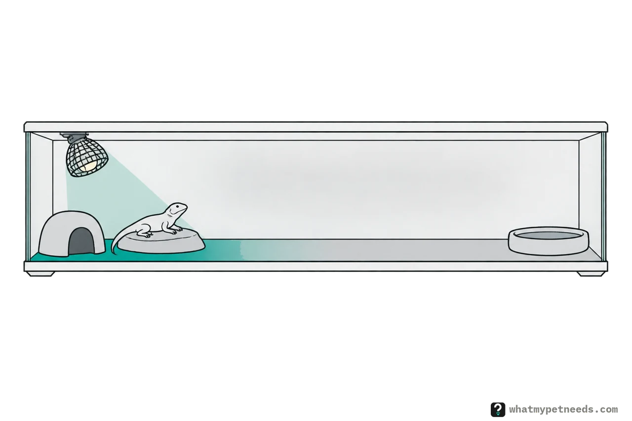 A long glass vivarium seen from the front, with a guarded heat lamp at the top of the left end shining down on a lizard on a flat basking rock, a hide beside it and a water dish at the far right end.