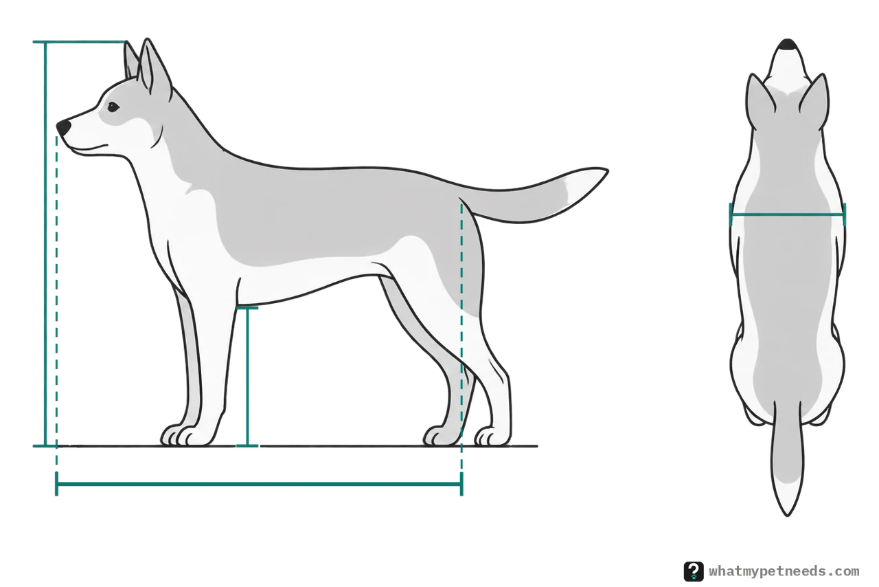 A dog from the side and from above with IATA's four measurements: A from the nose to the base of the tail, B from the floor to the elbow, C across the shoulders on the view from above, and D from the floor to the ear tip.