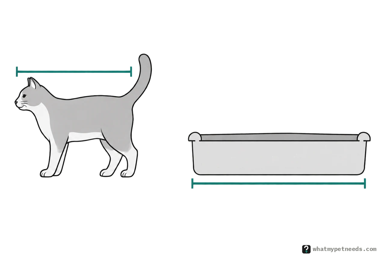 A cat walking, with a line from its nose to the base of its tail, beside a rectangular open litter box with a line along its length one and a half times as long.