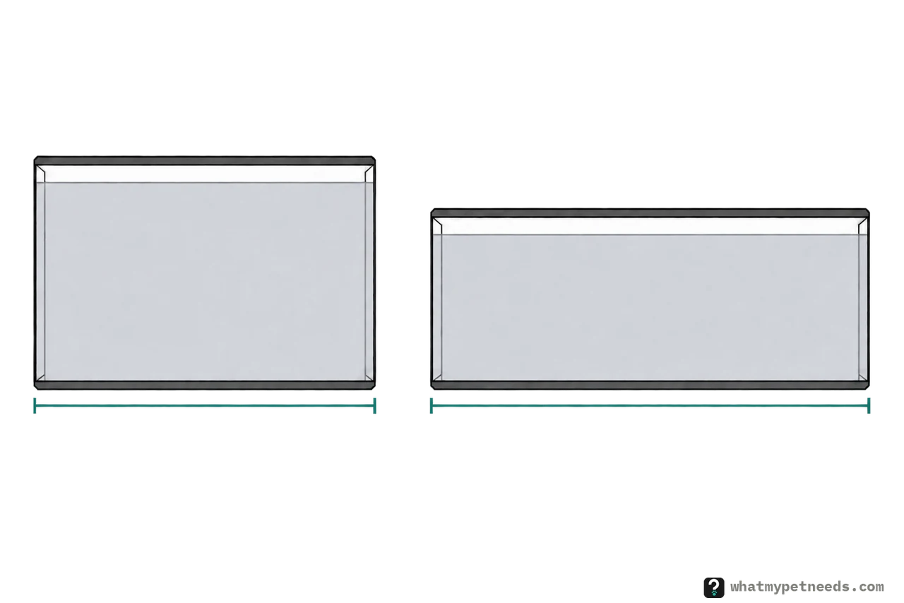 Two 20 gallon glass tanks side by side, seen from the front: the 20 High on the left is taller and shorter, the 20 Long on the right lower and longer, and a line under each marks its length.